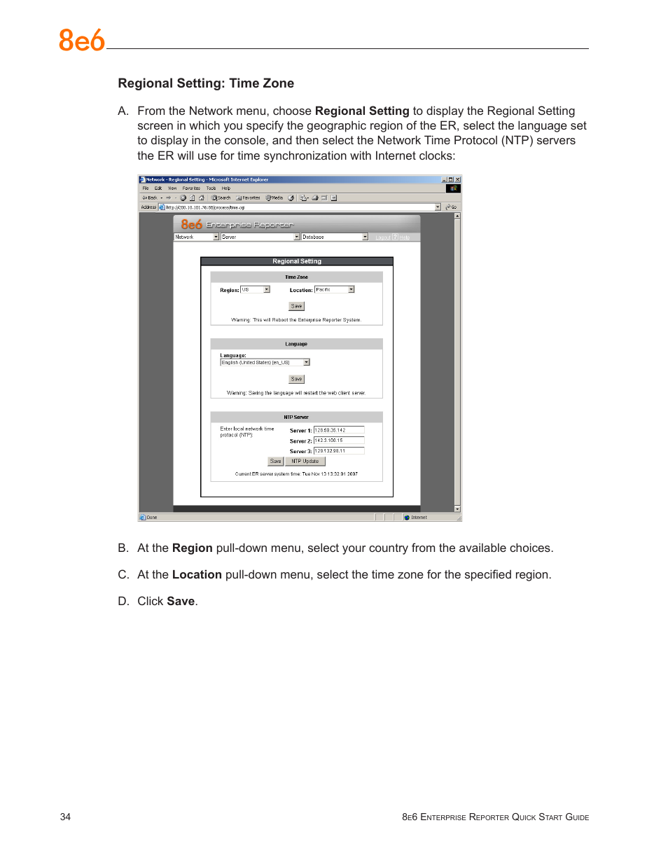 Regional setting: time zone | 8e6 Technologies Enterprise Reporter SL-002-002 User Manual | Page 38 / 76