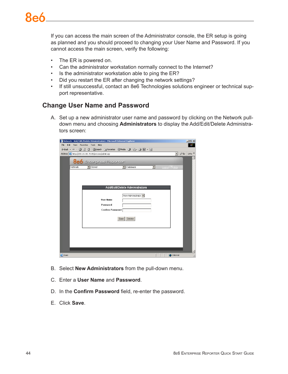 Change user name and password | 8e6 Technologies Enterprise Reporter SL-002-002 User Manual | Page 48 / 76