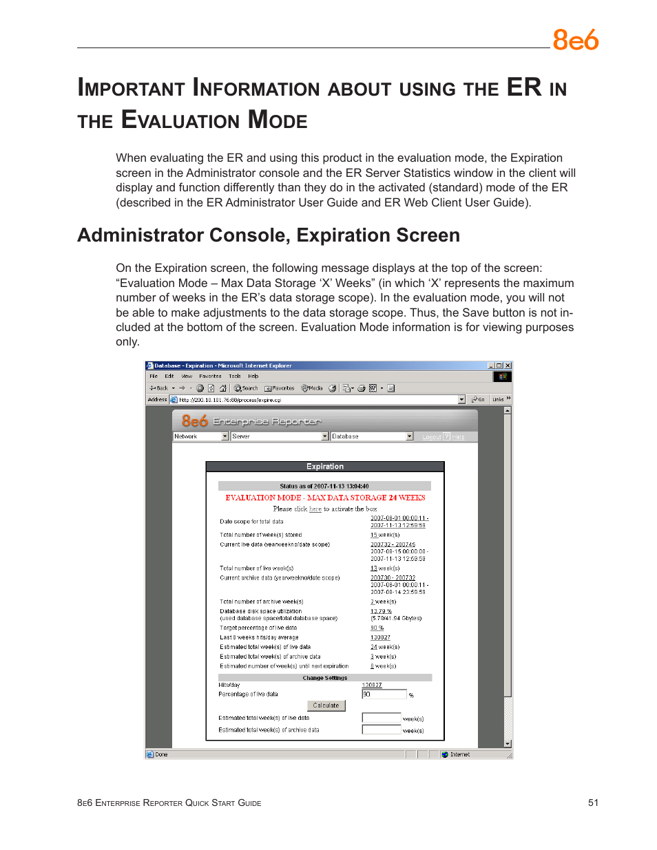 Administrator console, expiration screen, Mportant, Nformation | About, Using, Valuation | 8e6 Technologies Enterprise Reporter SL-002-002 User Manual | Page 55 / 76