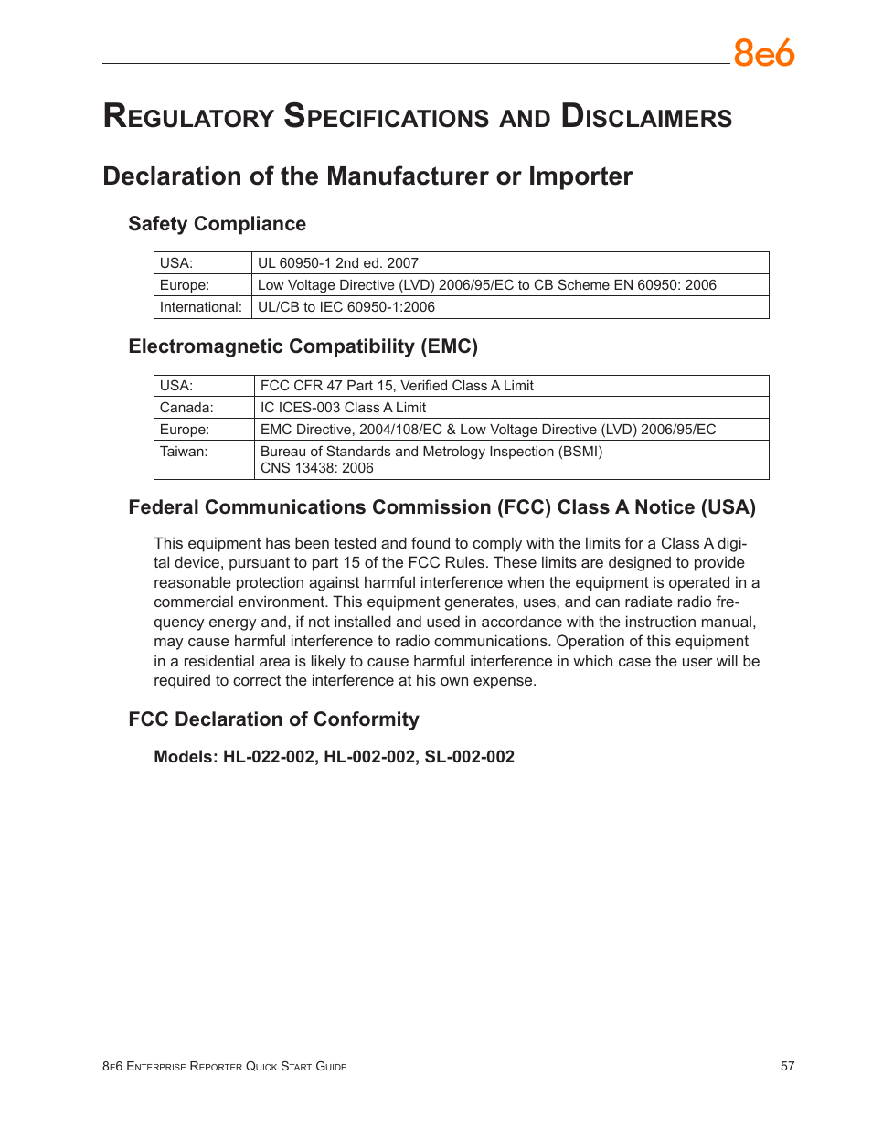 Regulatory specifications and disclaimers, Declaration of the manufacturer or importer, Egulatory | Pecifications, Isclaimers | 8e6 Technologies Enterprise Reporter SL-002-002 User Manual | Page 61 / 76