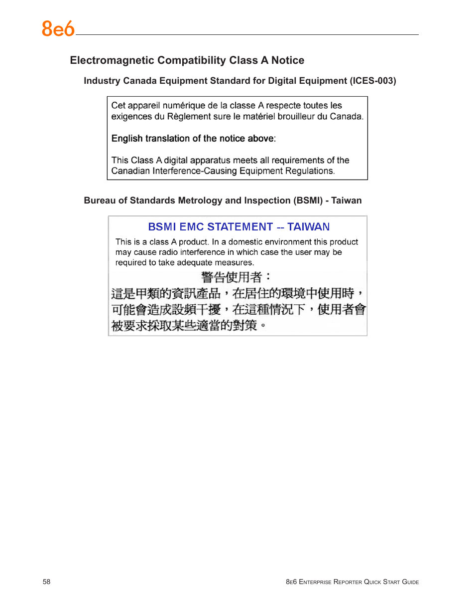 Electromagnetic compatibility class a notice | 8e6 Technologies Enterprise Reporter SL-002-002 User Manual | Page 62 / 76