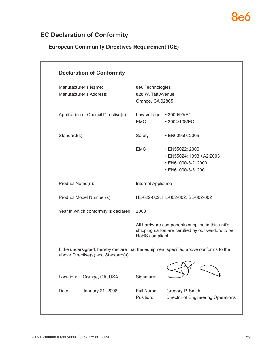 Ec declaration of conformity | 8e6 Technologies Enterprise Reporter SL-002-002 User Manual | Page 63 / 76