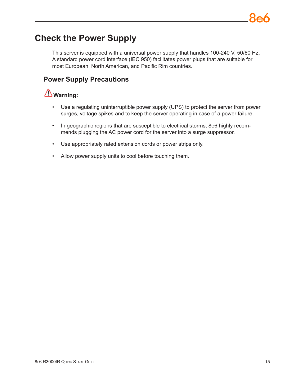 Check the power supply, Power supply precautions | 8e6 Technologies Enterprise Filter R3000IR User Manual | Page 19 / 64