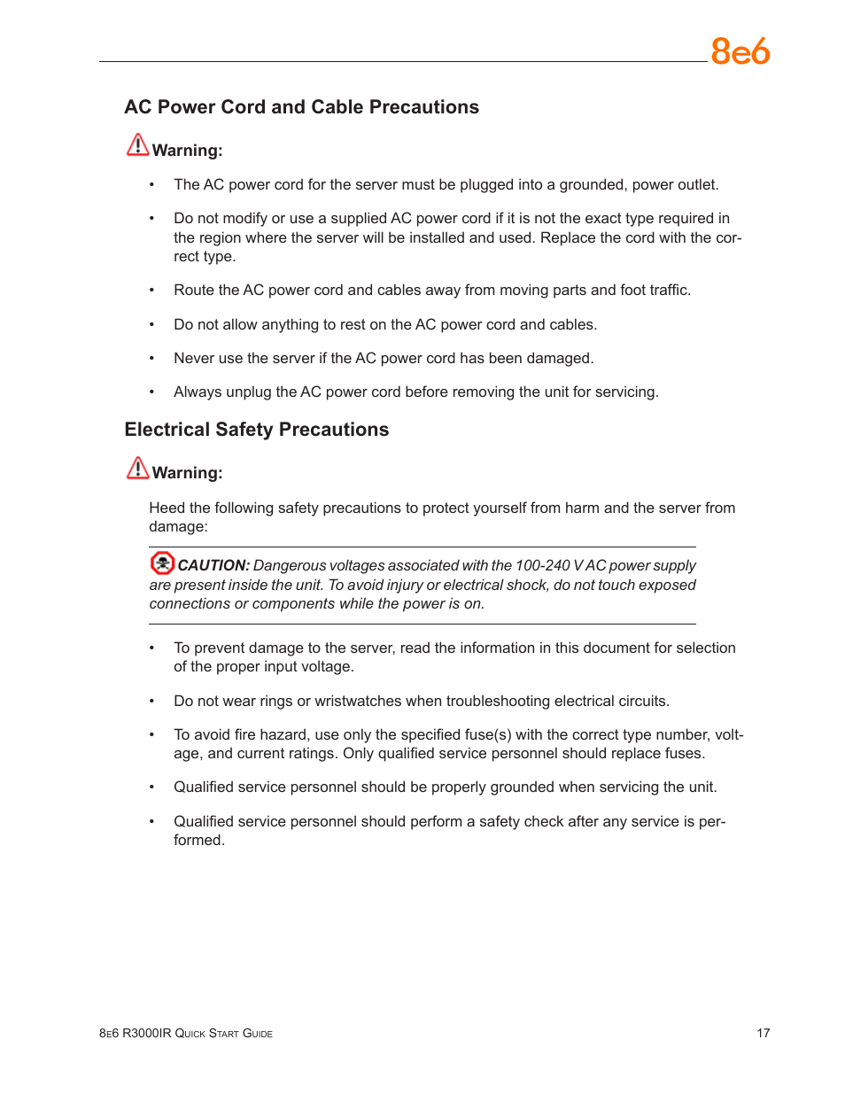 Ac power cord and cable precautions, Electrical safety precautions | 8e6 Technologies Enterprise Filter R3000IR User Manual | Page 21 / 64