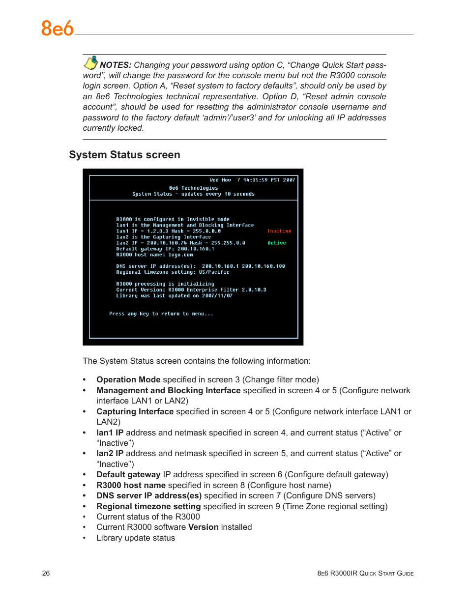 System status screen | 8e6 Technologies Enterprise Filter R3000IR User Manual | Page 30 / 64