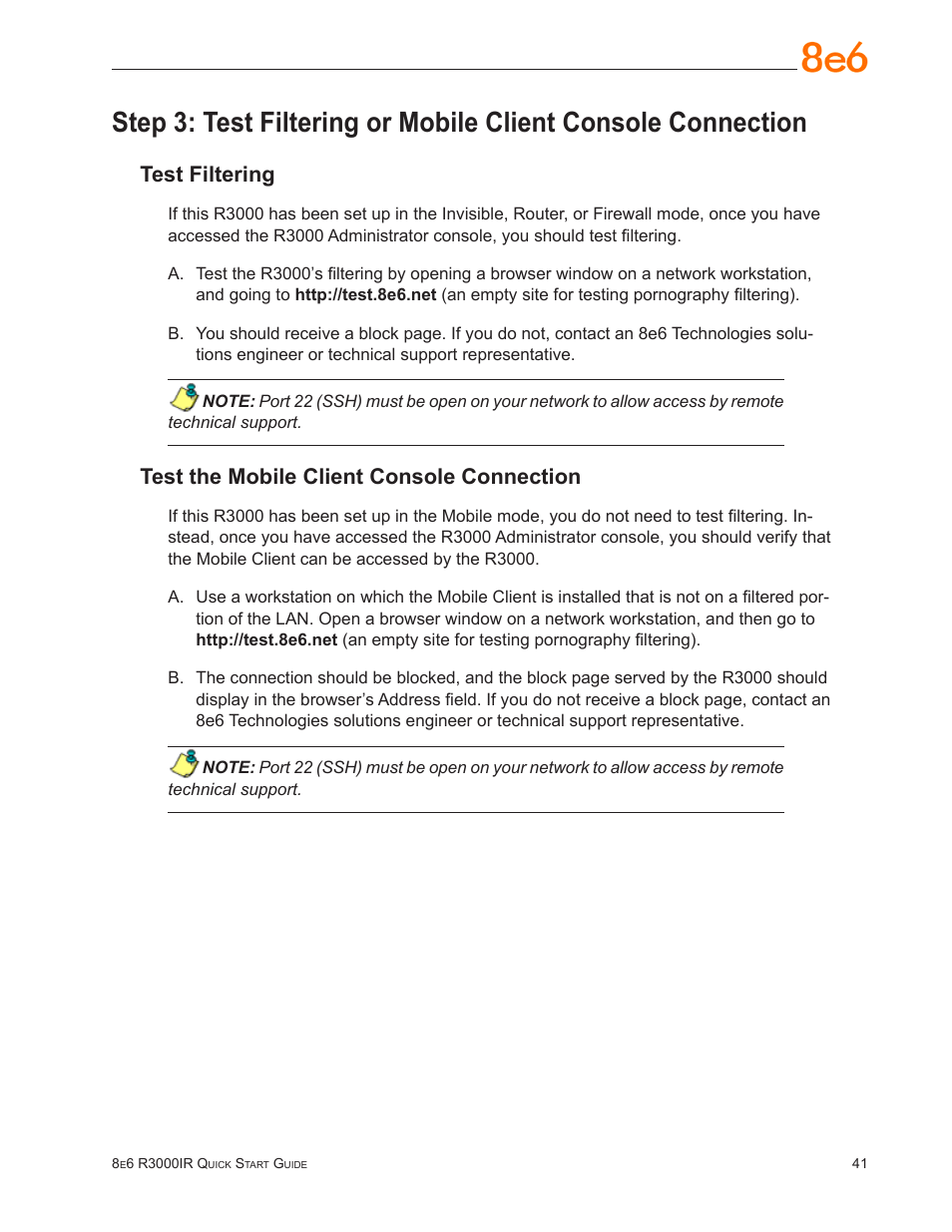 Test filtering, Test the mobile client console connection | 8e6 Technologies Enterprise Filter R3000IR User Manual | Page 45 / 64