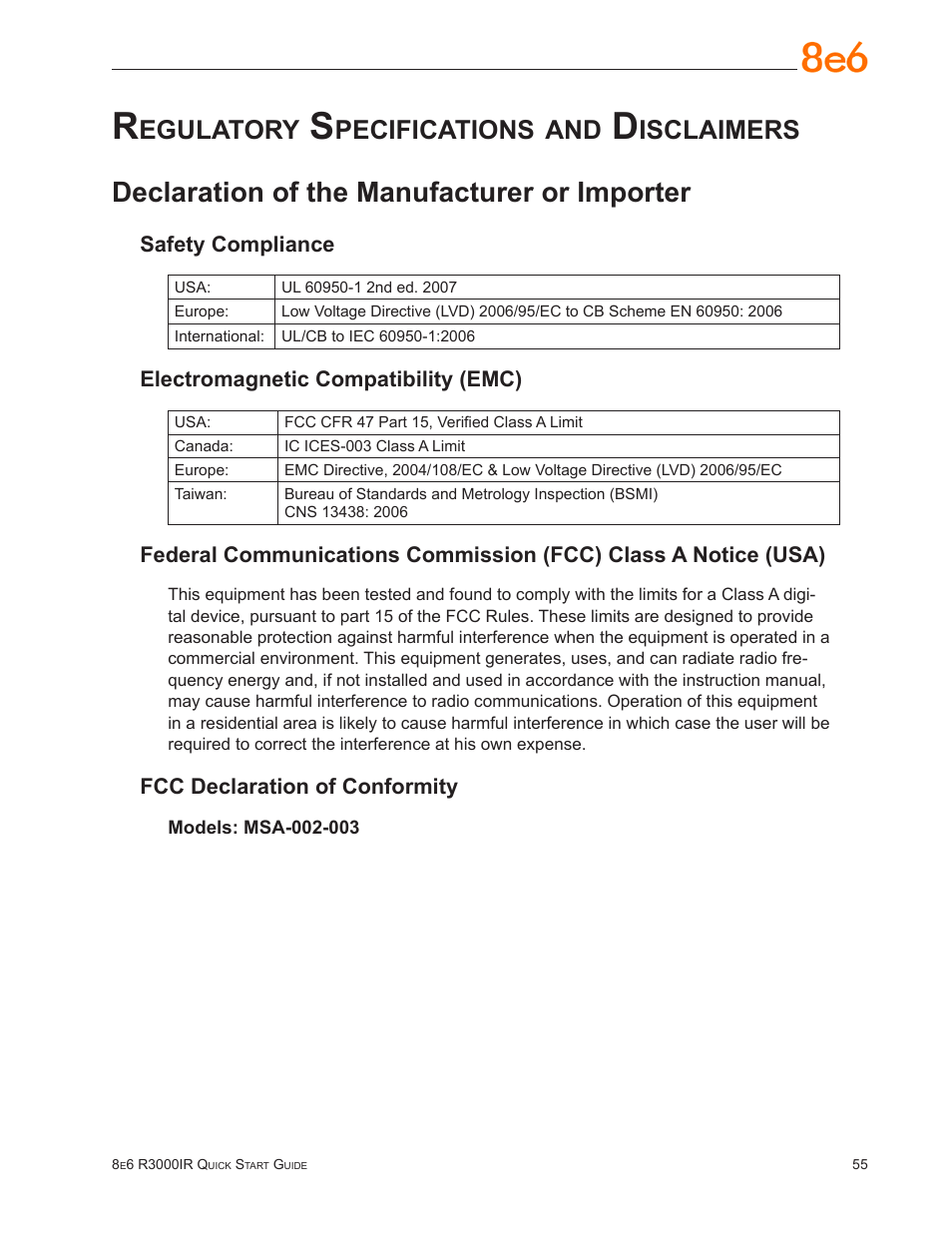 Regulatory specifications and disclaimers, Declaration of the manufacturer or importer, Egulatory | Pecifications, Isclaimers | 8e6 Technologies Enterprise Filter R3000IR User Manual | Page 59 / 64