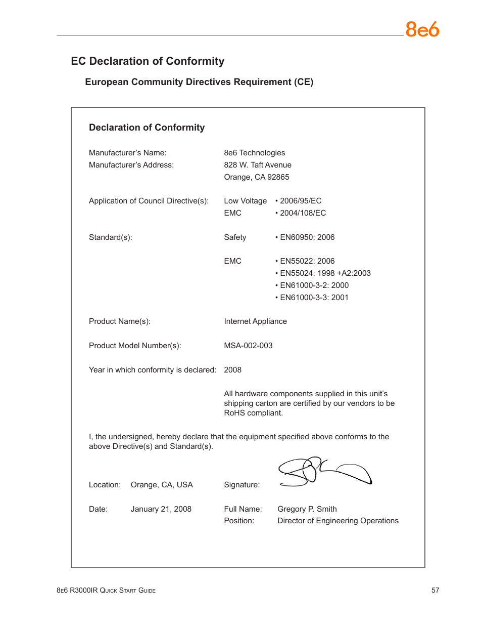 Ec declaration of conformity | 8e6 Technologies Enterprise Filter R3000IR User Manual | Page 61 / 64