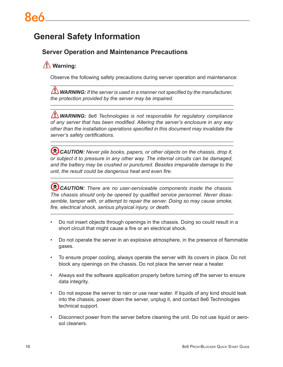 General safety information, Server operation and maintenance precautions | 8e6 Technologies ProxyBlocker MSA-004-005 User Manual | Page 20 / 52