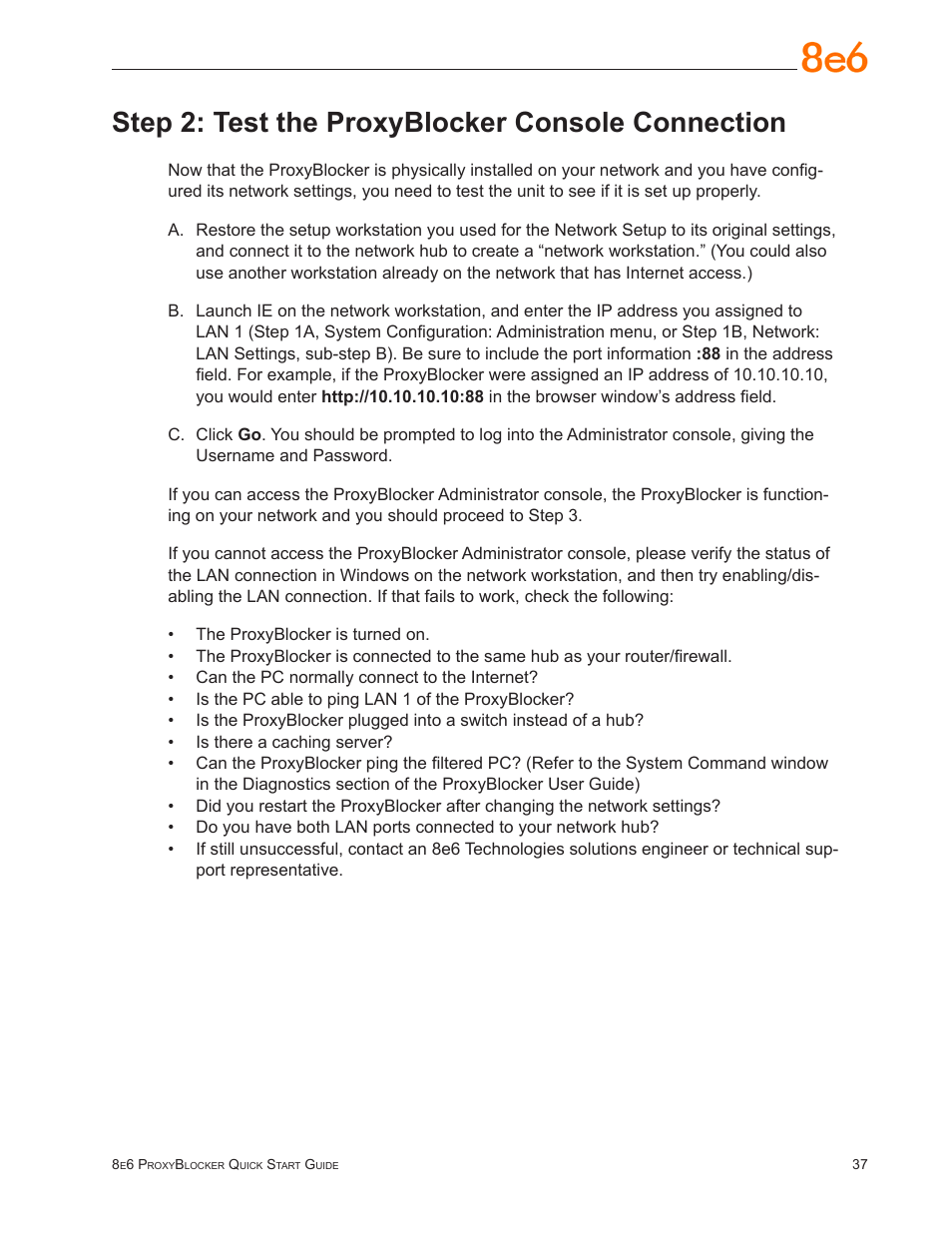 Step 2: test the proxyblocker console connection | 8e6 Technologies ProxyBlocker MSA-004-005 User Manual | Page 41 / 52