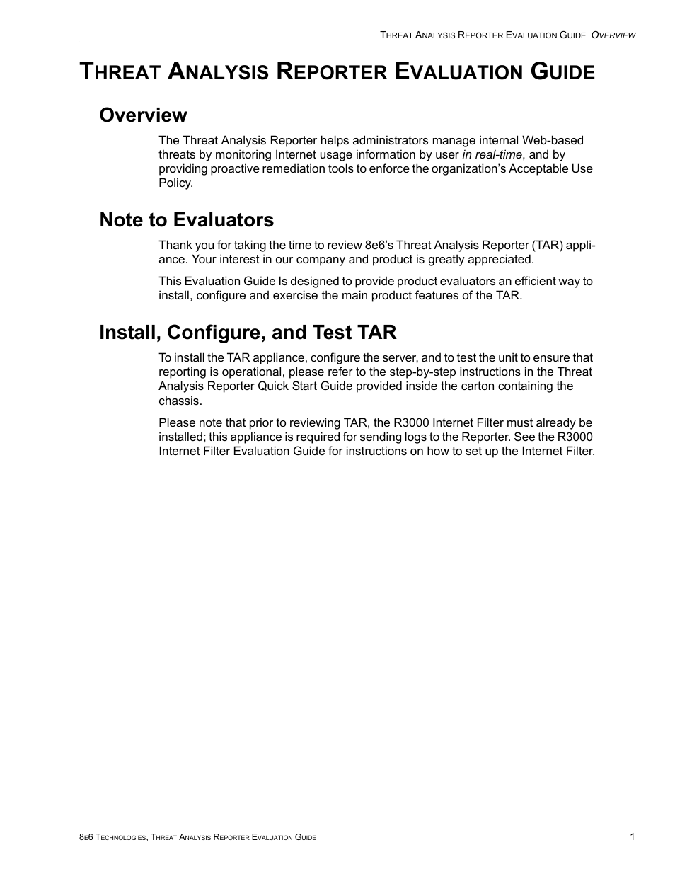 Threat analysis reporter evaluation guide, Overview, Note to evaluators | Install, configure, and test tar, Hreat, Nalysis, Eporter, Valuation, Uide | 8e6 Technologies Threat Analysis Reporter TAR HL/SL/MSA User Manual | Page 5 / 22