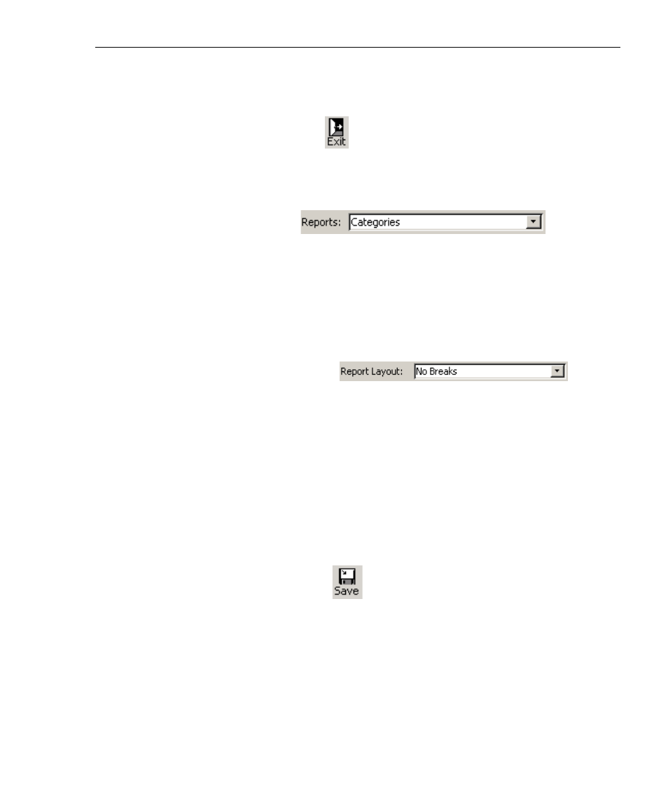 Exit icon, Reports / report layout field, Save icon | Report layout, Exit icon reports / report layout field | 8e6 Technologies 3 User Manual | Page 149 / 215