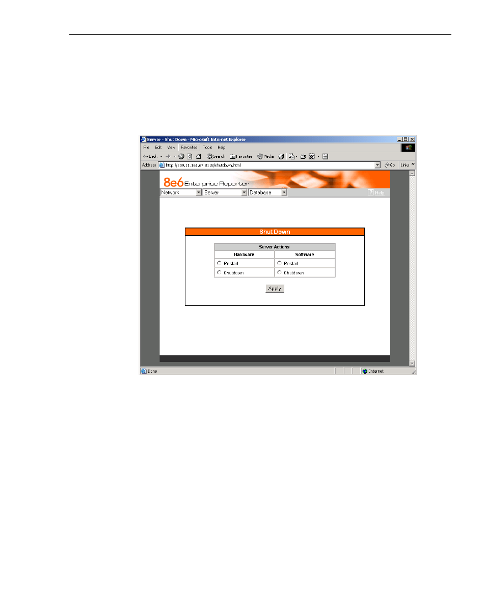 Shut down screen, Server action selections, Restart the server | Restart, Shut down | 8e6 Technologies 3 User Manual | Page 55 / 215