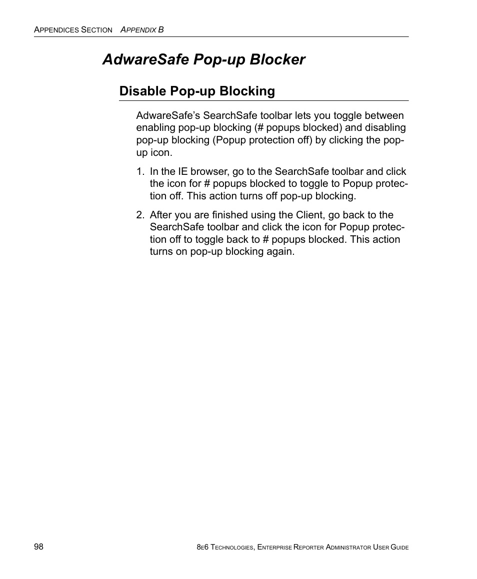 Adwaresafe pop-up blocker, Disable pop-up blocking | 8e6 Technologies ER 4.0 User Manual | Page 106 / 118