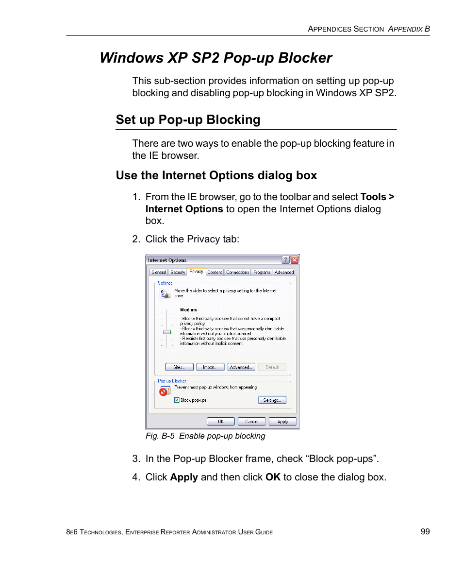 Windows xp sp2 pop-up blocker, Set up pop-up blocking, Use the internet options dialog box | 8e6 Technologies ER 4.0 User Manual | Page 107 / 118