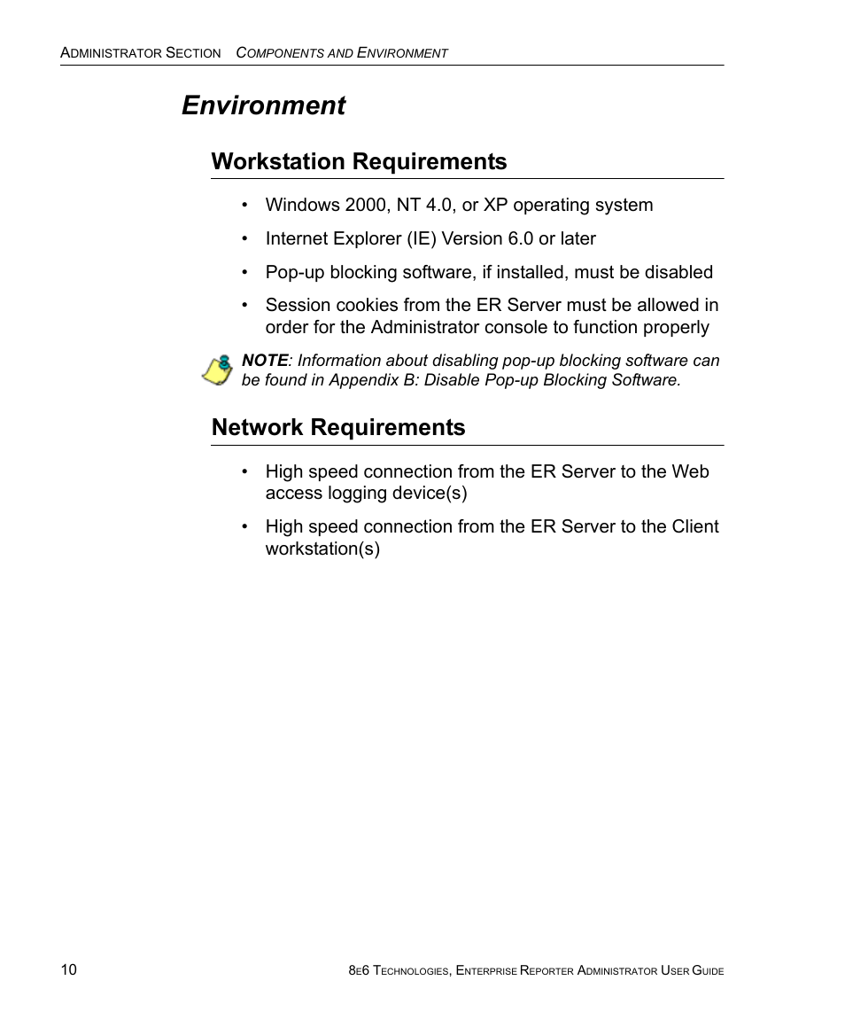 Environment, Workstation requirements, Network requirements | Workstation requirements network requirements | 8e6 Technologies ER 4.0 User Manual | Page 18 / 118