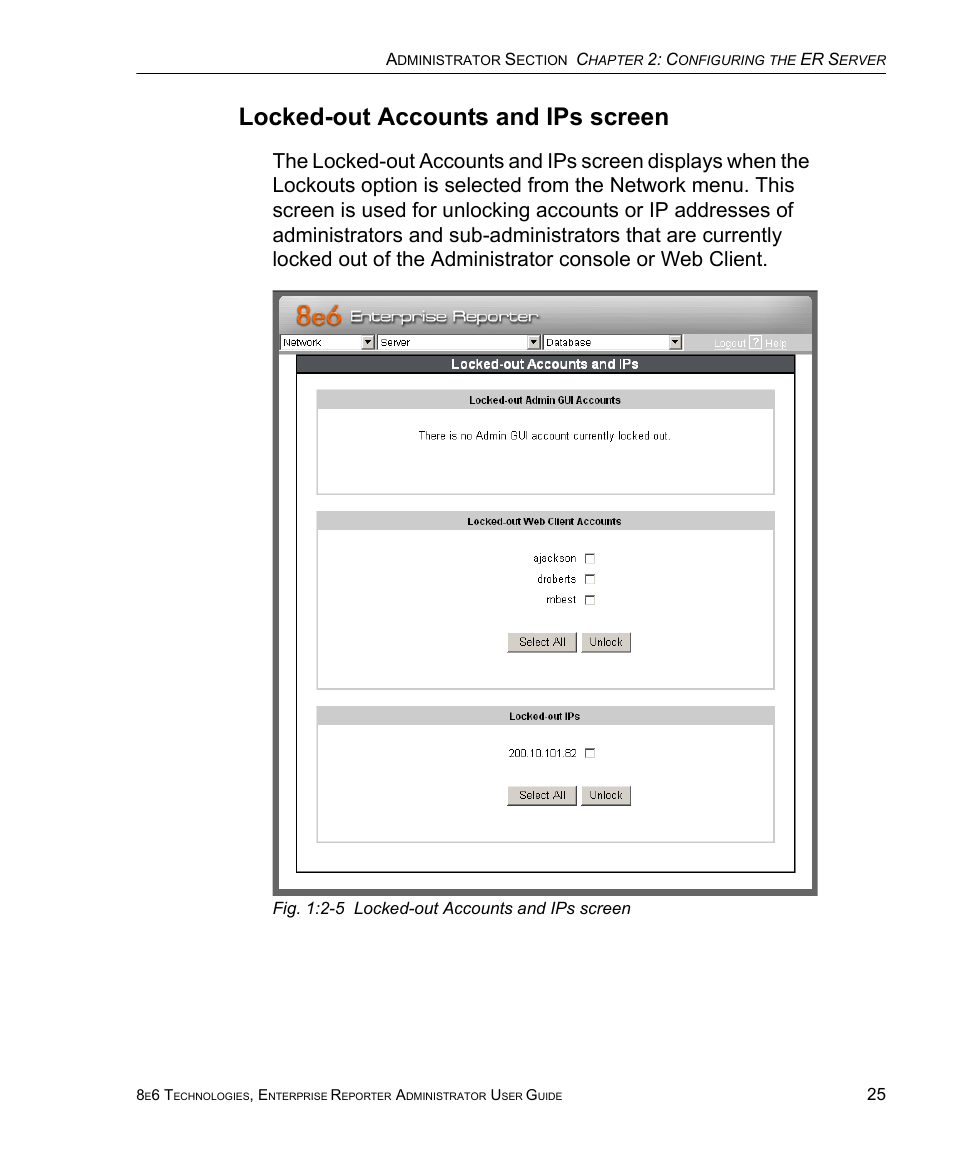 Locked-out accounts and ips screen | 8e6 Technologies ER 4.0 User Manual | Page 33 / 118