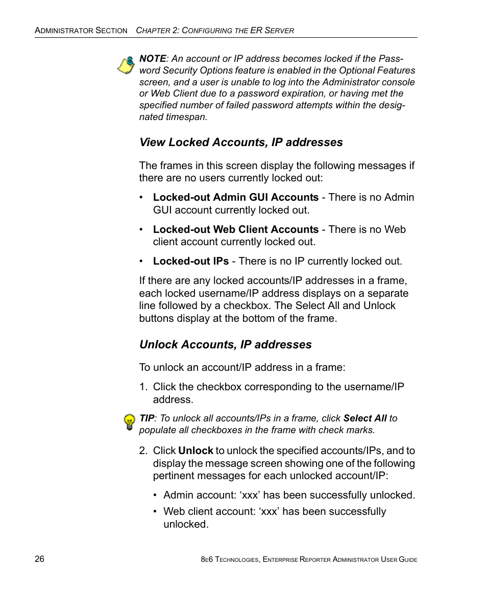 View locked accounts, ip addresses, Unlock accounts, ip addresses | 8e6 Technologies ER 4.0 User Manual | Page 34 / 118