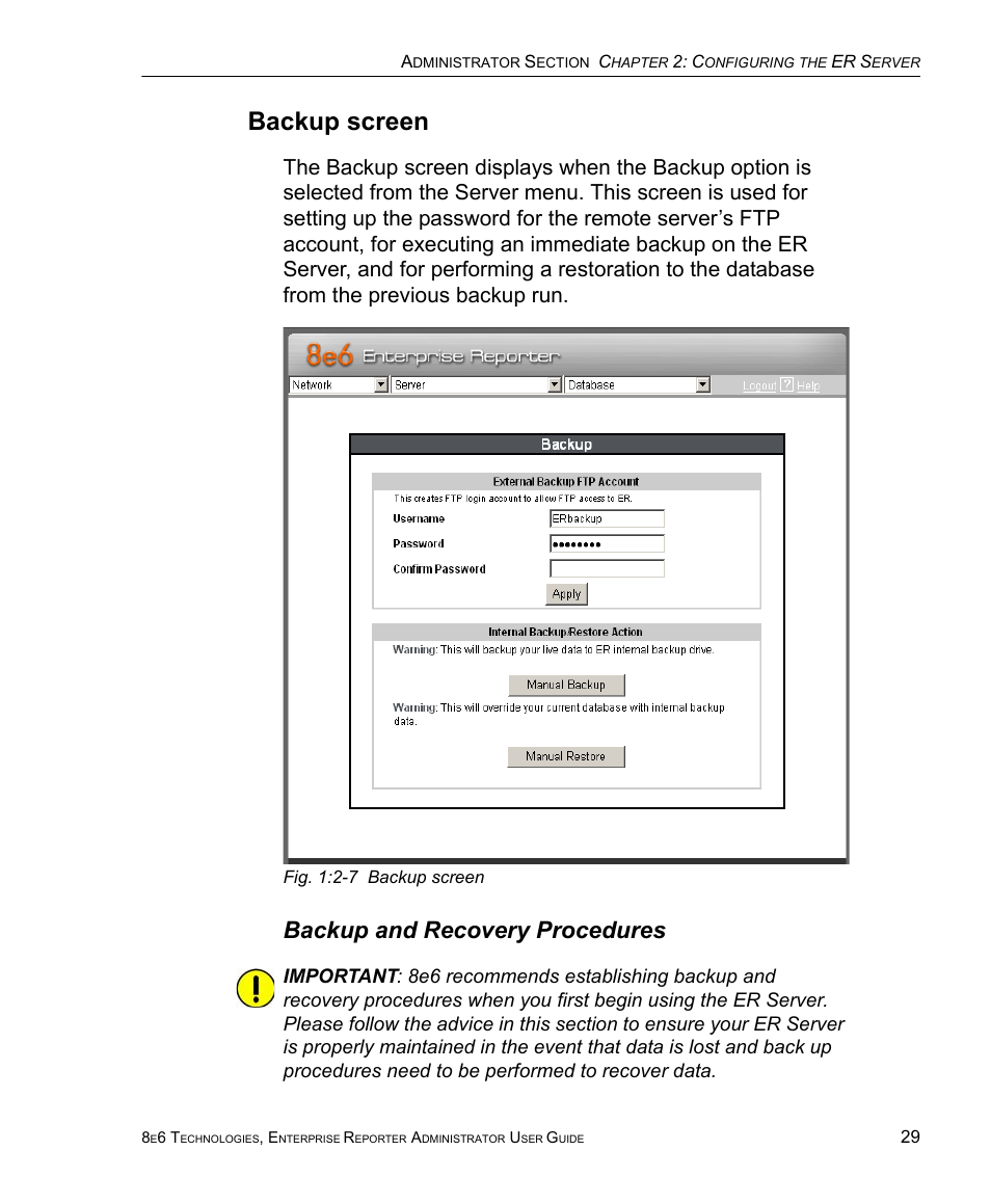 Backup screen, Backup and recovery procedures | 8e6 Technologies ER 4.0 User Manual | Page 37 / 118