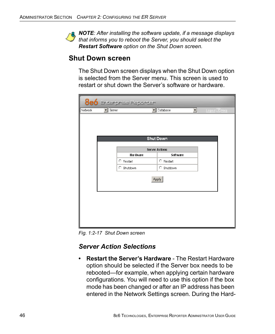 Shut down screen, Server action selections | 8e6 Technologies ER 4.0 User Manual | Page 54 / 118