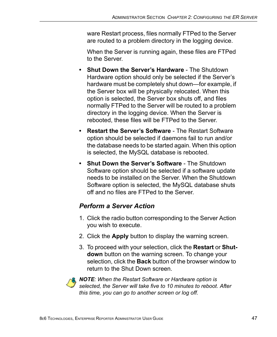 Perform a server action | 8e6 Technologies ER 4.0 User Manual | Page 55 / 118