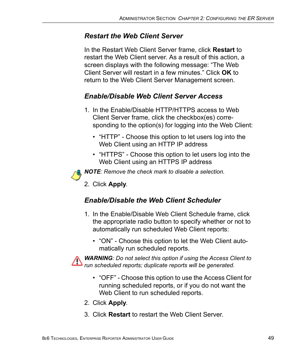 Restart the web client server, Enable/disable web client server access, Enable/disable the web client scheduler | Click apply | 8e6 Technologies ER 4.0 User Manual | Page 57 / 118
