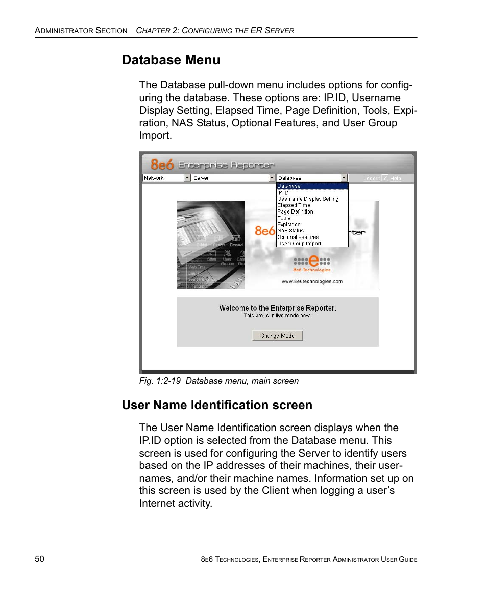 Database menu, User name identification screen | 8e6 Technologies ER 4.0 User Manual | Page 58 / 118