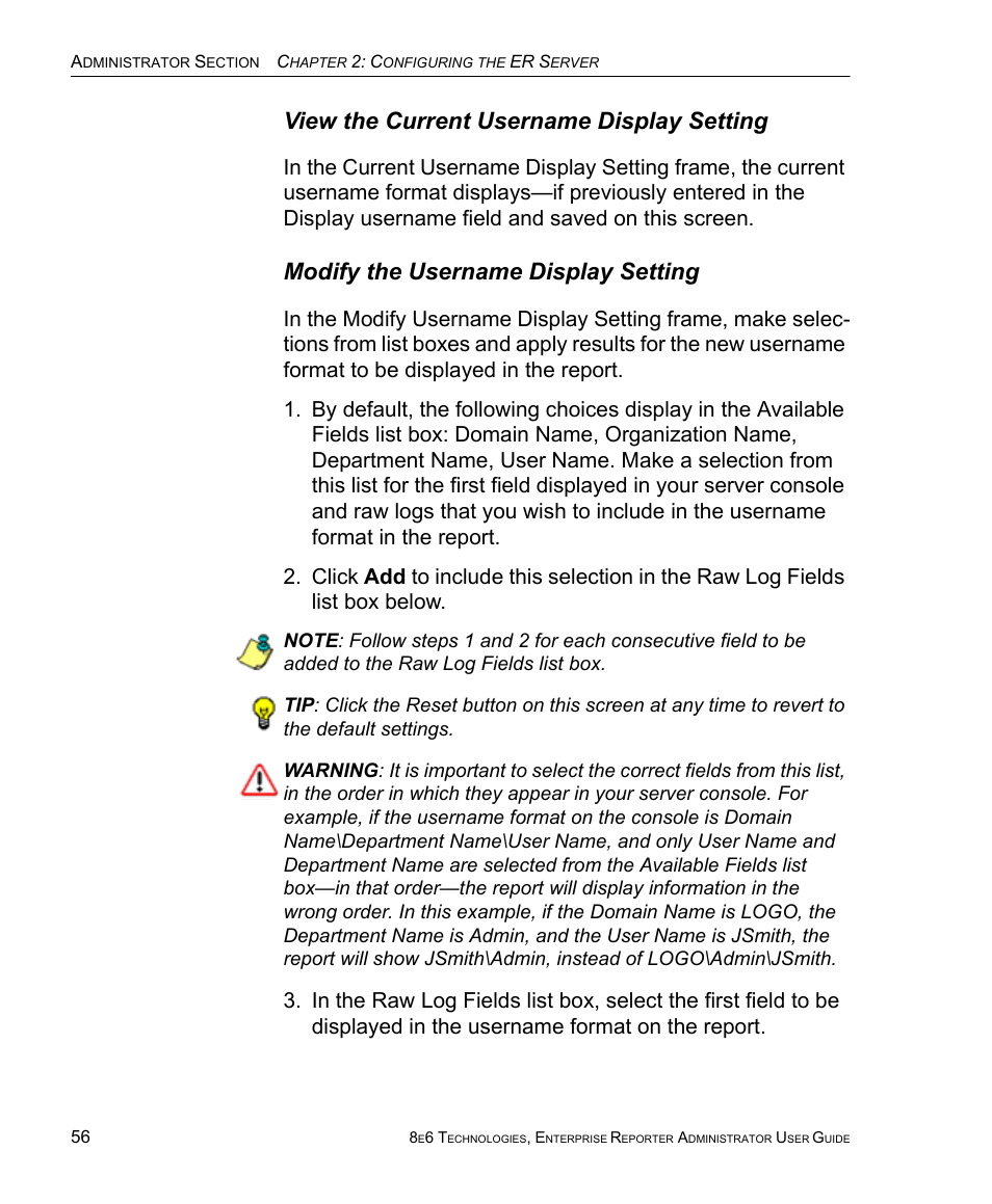 View the current username display setting, Modify the username display setting | 8e6 Technologies ER 4.0 User Manual | Page 64 / 118