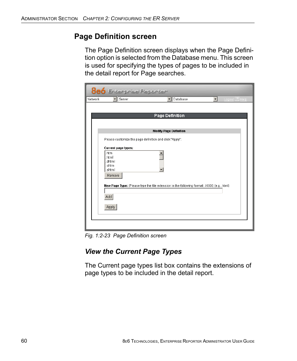 Page definition screen, View the current page types | 8e6 Technologies ER 4.0 User Manual | Page 68 / 118