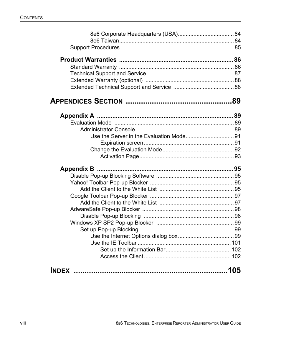 Appendices section 89, Index 105, Ppendices | Ection, Ndex | 8e6 Technologies ER 4.0 User Manual | Page 8 / 118
