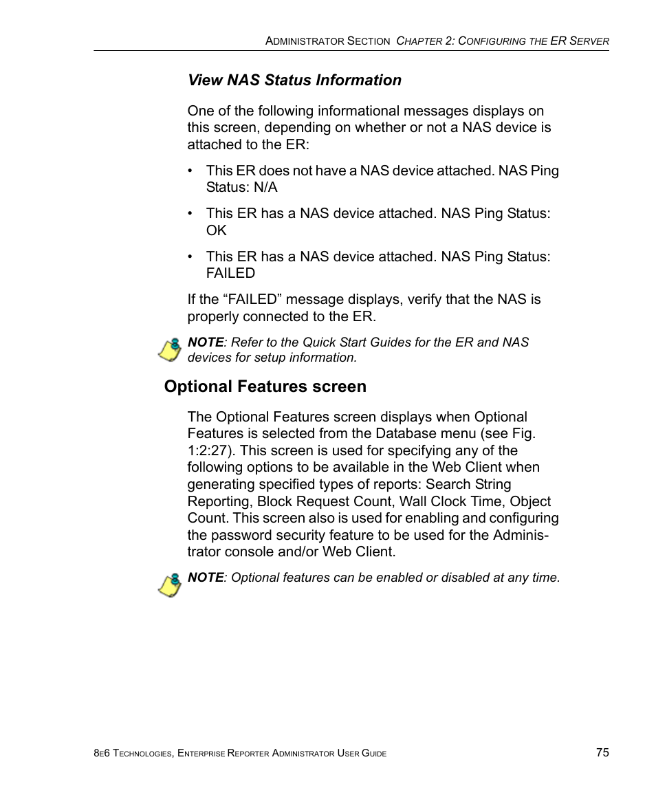 View nas status information, Optional features screen | 8e6 Technologies ER 4.0 User Manual | Page 83 / 118