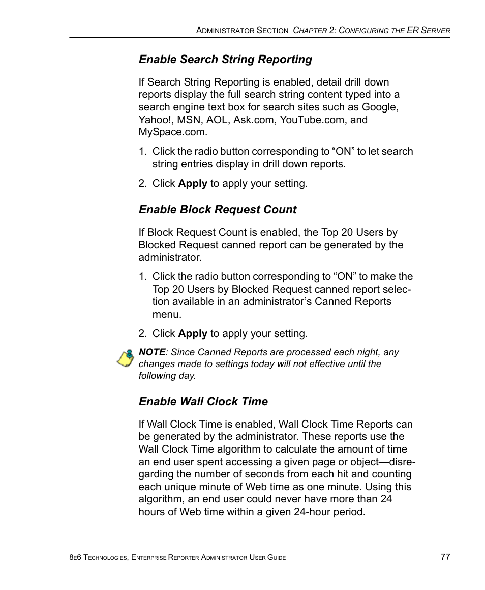 Enable search string reporting, Enable block request count, Enable wall clock time | 8e6 Technologies ER 4.0 User Manual | Page 85 / 118