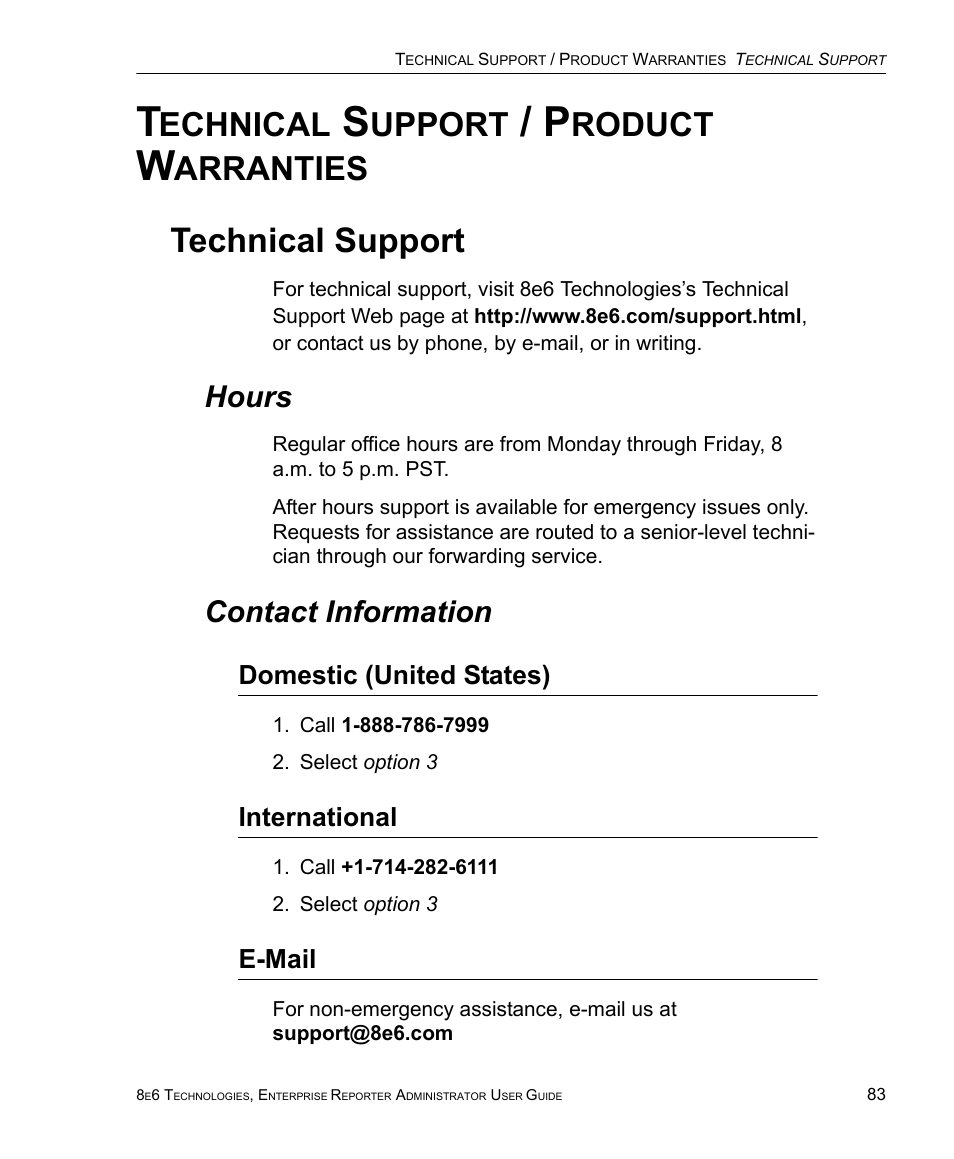 Technical support / product warranties, Technical support, Hours | Contact information, Domestic (united states), International, E-mail, Echnical, Upport, Roduct | 8e6 Technologies ER 4.0 User Manual | Page 91 / 118