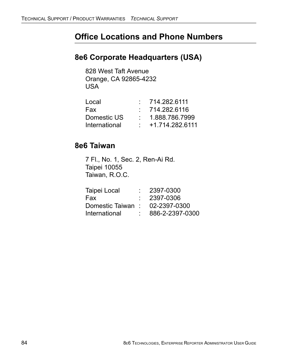 Office locations and phone numbers, 8e6 corporate headquarters (usa), 8e6 taiwan | 8e6 corporate headquarters (usa) 8e6 taiwan | 8e6 Technologies ER 4.0 User Manual | Page 92 / 118