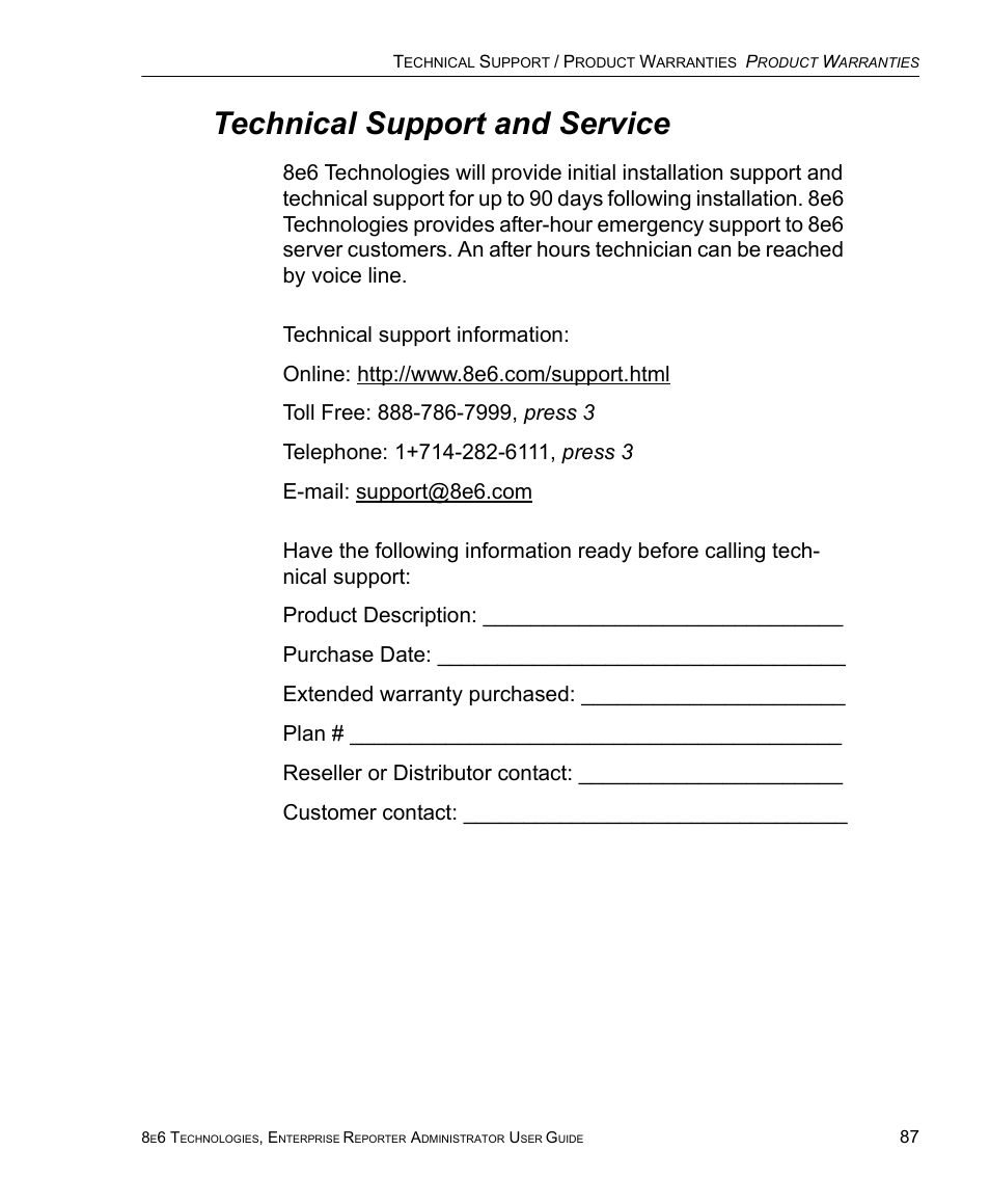 Technical support and service | 8e6 Technologies ER 4.0 User Manual | Page 95 / 118