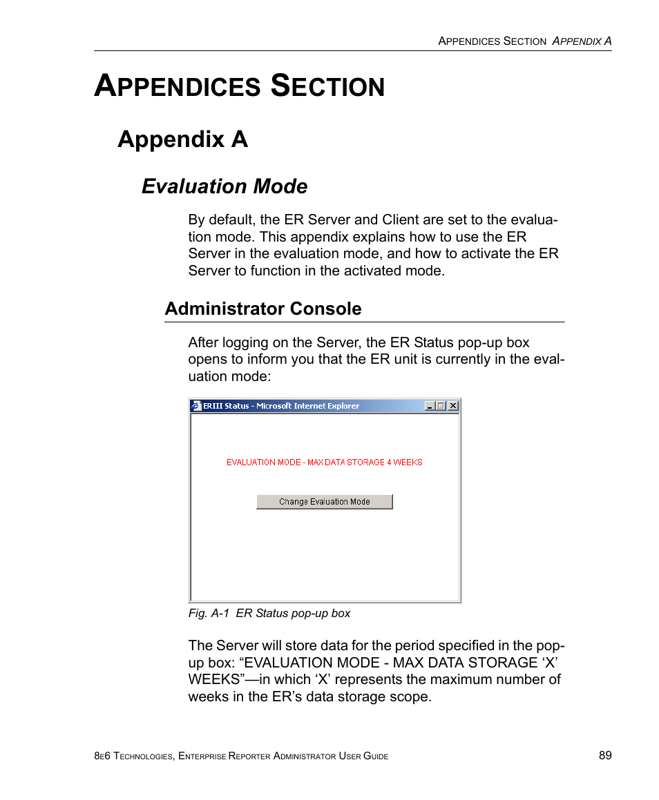 Appendices section, Appendix a, Evaluation mode | Administrator console, Ppendices, Ection | 8e6 Technologies ER 4.0 User Manual | Page 97 / 118