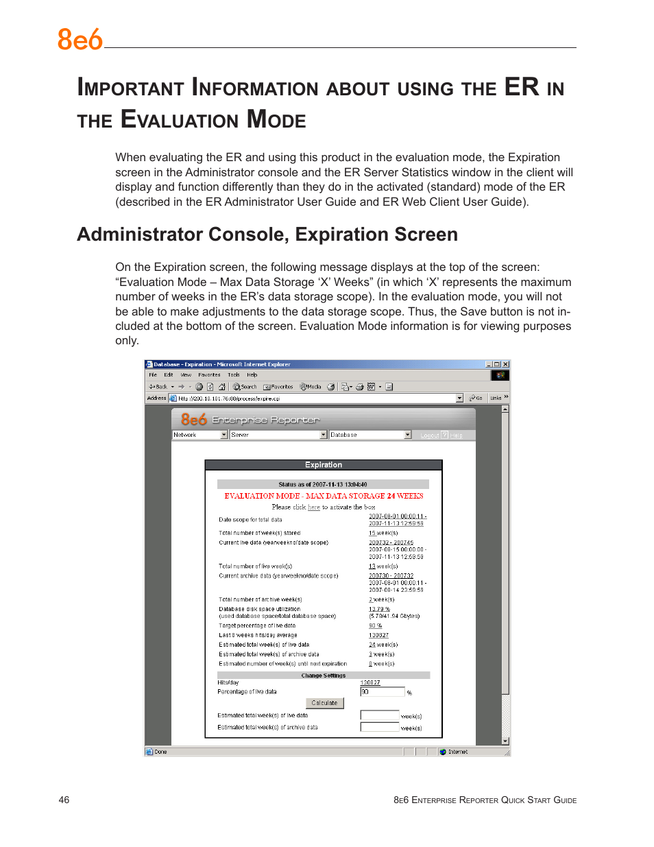 Administrator console, expiration screen, Mportant, Nformation | About, Using, Valuation | 8e6 Technologies ER3-100 (5K02-55) User Manual | Page 50 / 74