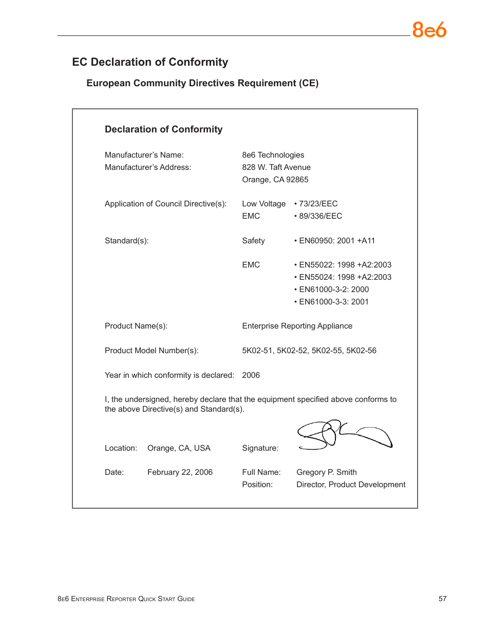 Ec declaration of conformity | 8e6 Technologies ER3-100 (5K02-55) User Manual | Page 61 / 74