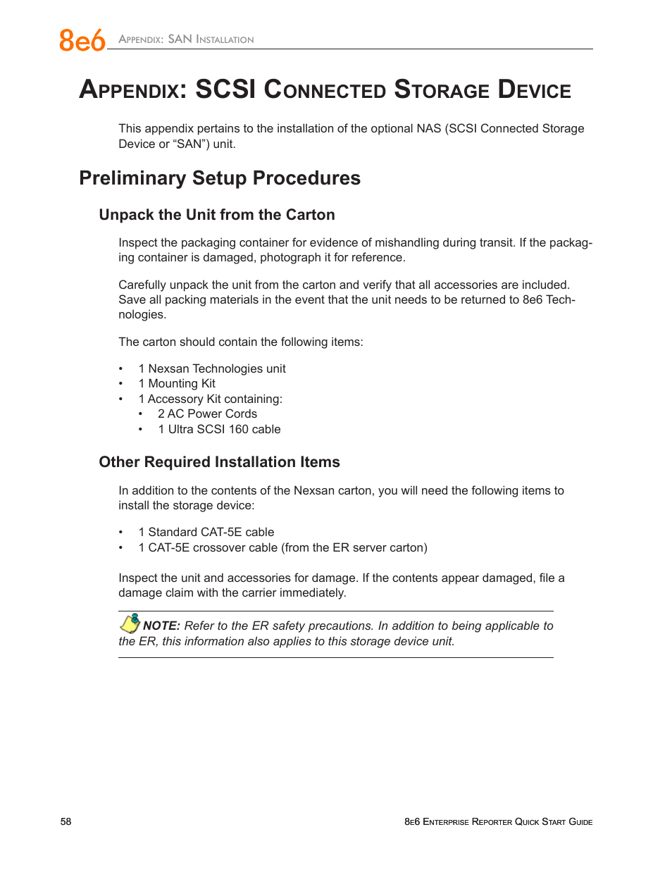 Appendix: scsi connected storage device, Preliminary setup procedures, Ppendix | Scsi c, Onnected, Torage, Evice, Unpack the unit from the carton, Other required installation items | 8e6 Technologies ER3-100 (5K02-55) User Manual | Page 62 / 74