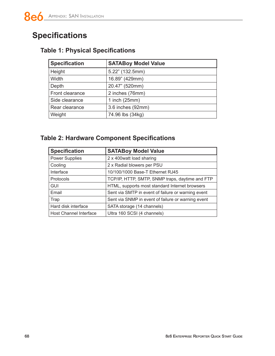 Specifications, Table 1: physical specifications, Table 2: hardware component specifications | 8e6 Technologies ER3-100 (5K02-55) User Manual | Page 72 / 74