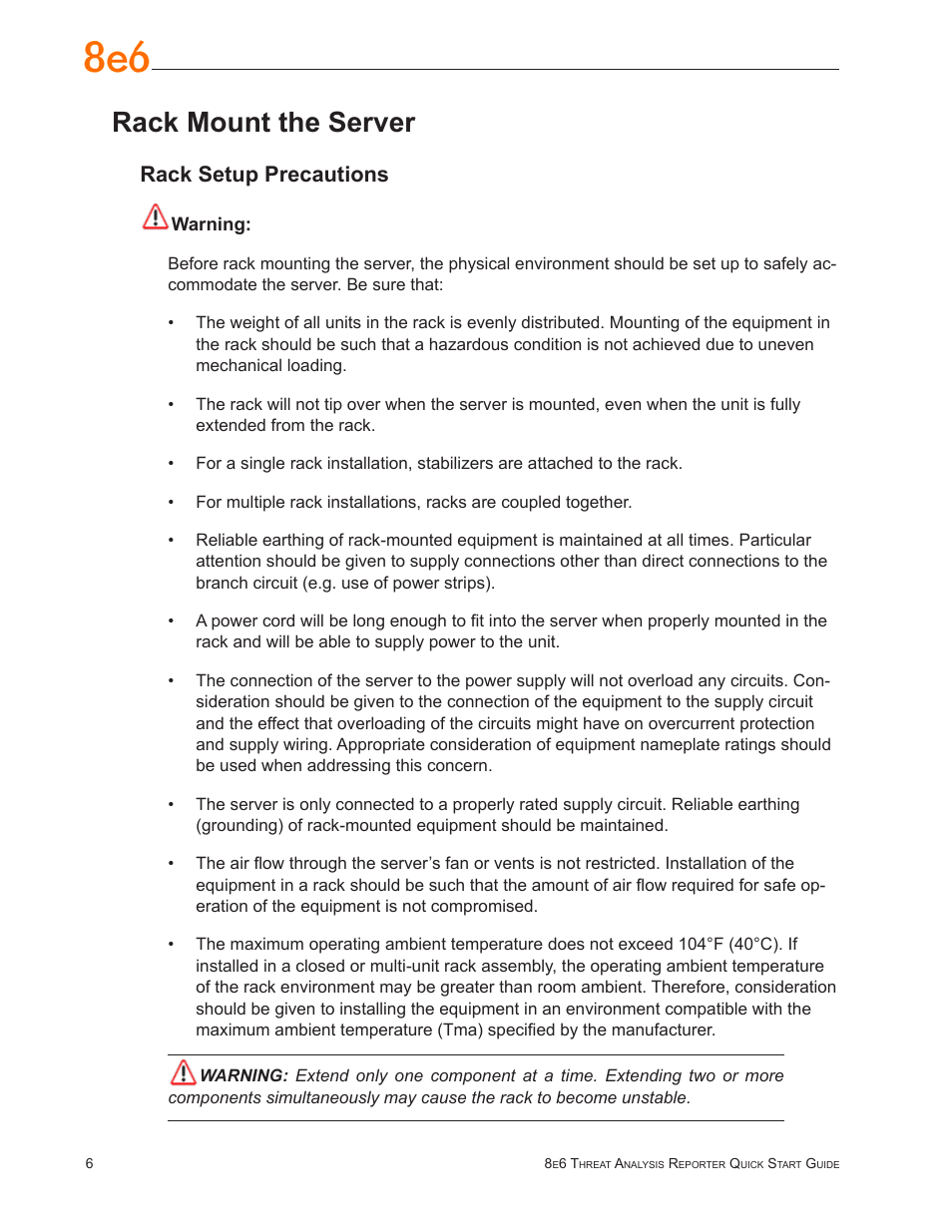 Rack mount the server, Rack setup precautions | 8e6 Technologies Threat Analysis Reporter TAR User Manual | Page 10 / 76