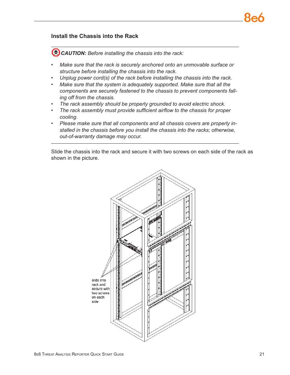 Install the chassis into the rack | 8e6 Technologies Threat Analysis Reporter TAR User Manual | Page 25 / 76