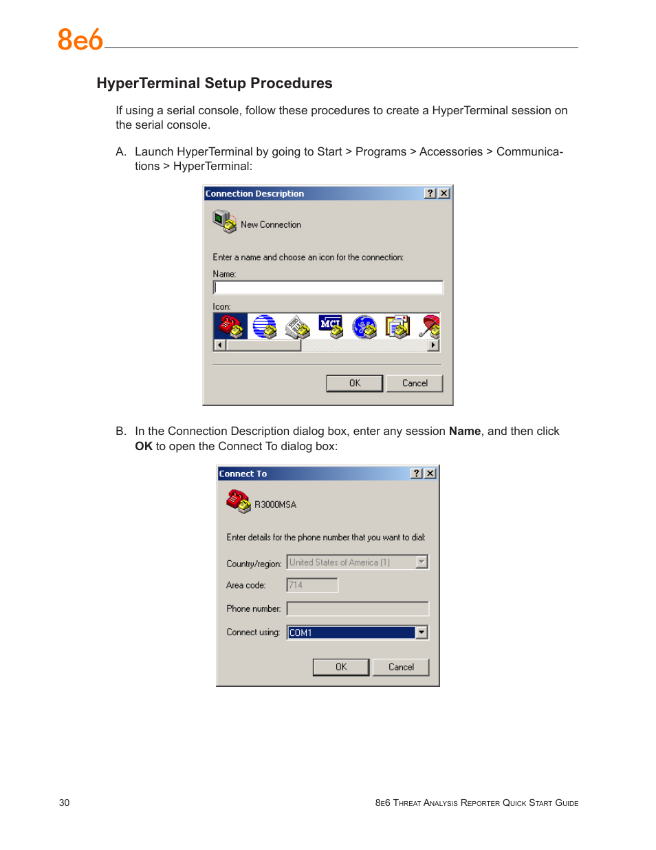 Hyperterminal setup procedures | 8e6 Technologies Threat Analysis Reporter TAR User Manual | Page 34 / 76