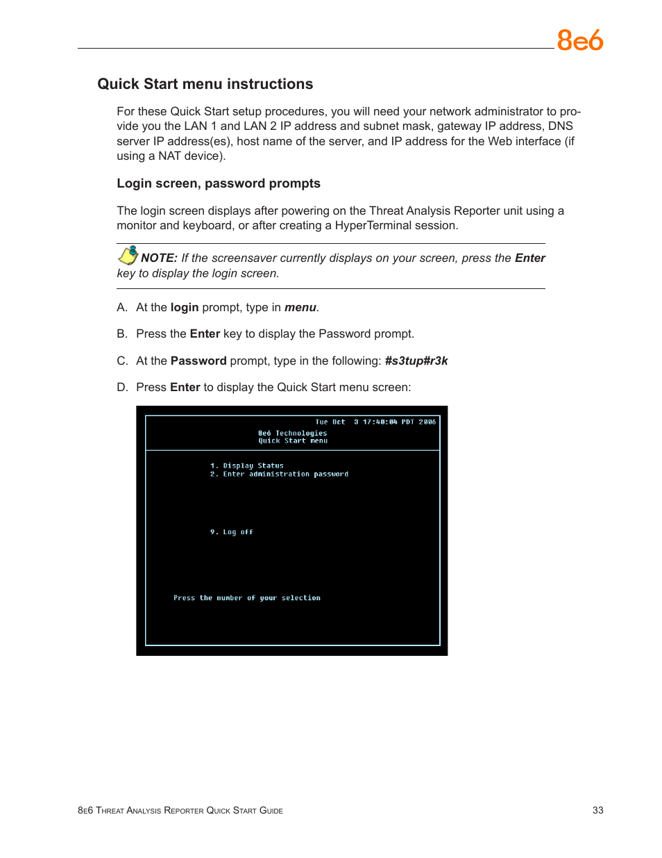 Quick start menu instructions | 8e6 Technologies Threat Analysis Reporter TAR User Manual | Page 37 / 76