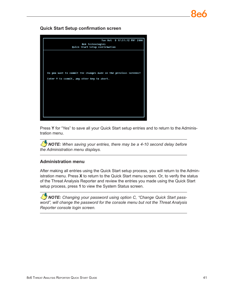 Quick start setup confirmation screen, Administration menu | 8e6 Technologies Threat Analysis Reporter TAR User Manual | Page 45 / 76