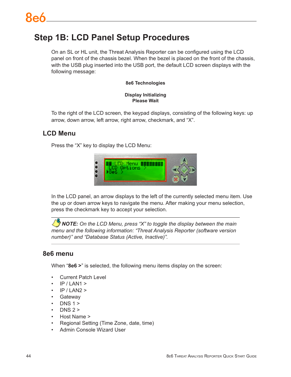 Step 1b: lcd panel setup procedures, Lcd menu, 8e6 menu | 8e6 Technologies Threat Analysis Reporter TAR User Manual | Page 48 / 76