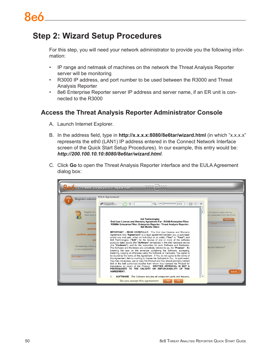 Step 2: wizard setup procedures | 8e6 Technologies Threat Analysis Reporter TAR User Manual | Page 54 / 76