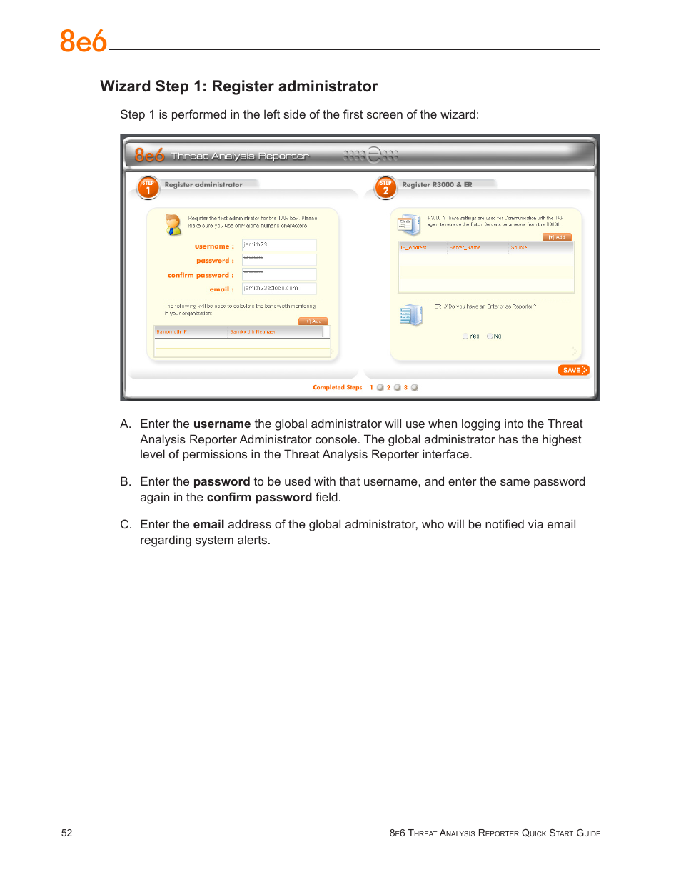 Wizard step 1: register administrator | 8e6 Technologies Threat Analysis Reporter TAR User Manual | Page 56 / 76