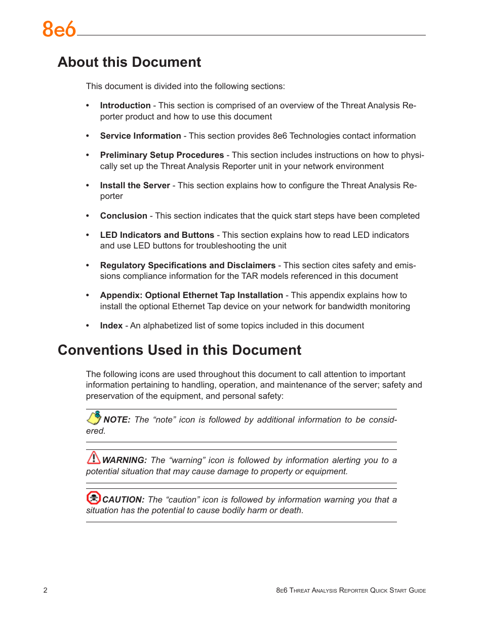 About this document, Conventions used in this document | 8e6 Technologies Threat Analysis Reporter TAR User Manual | Page 6 / 76