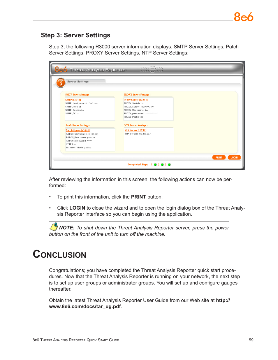 Conclusion, Onclusion, Step 3: server settings | 8e6 Technologies Threat Analysis Reporter TAR User Manual | Page 63 / 76